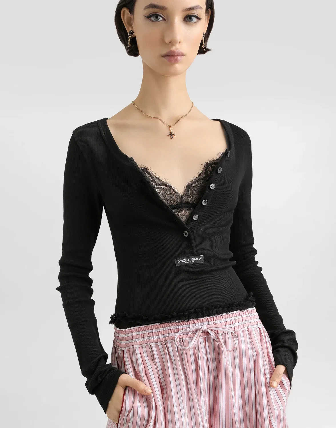 Рифленая хлопковая футболка с воротником серафино DOLCE & GABBANA, черный — фото 4