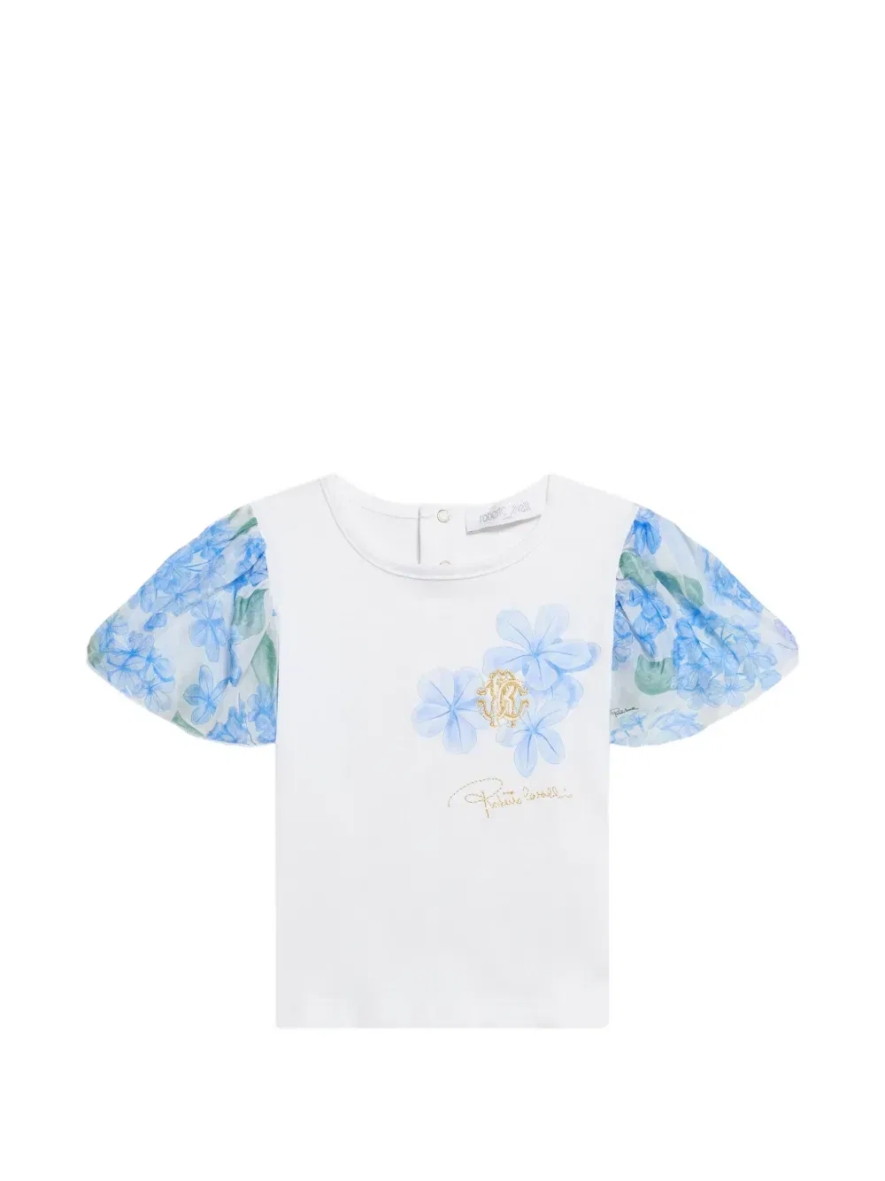 Приталенная футболка с объемными рукавами и цветочным принтом Roberto Cavalli Junior, белый