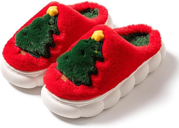 

Платформенные рождественские тапочки для женщин и мужчин, ультра-мягкие пушистые домашние тапочки с теплой флисовой подкладкой, праздничный подарок Generic, красный