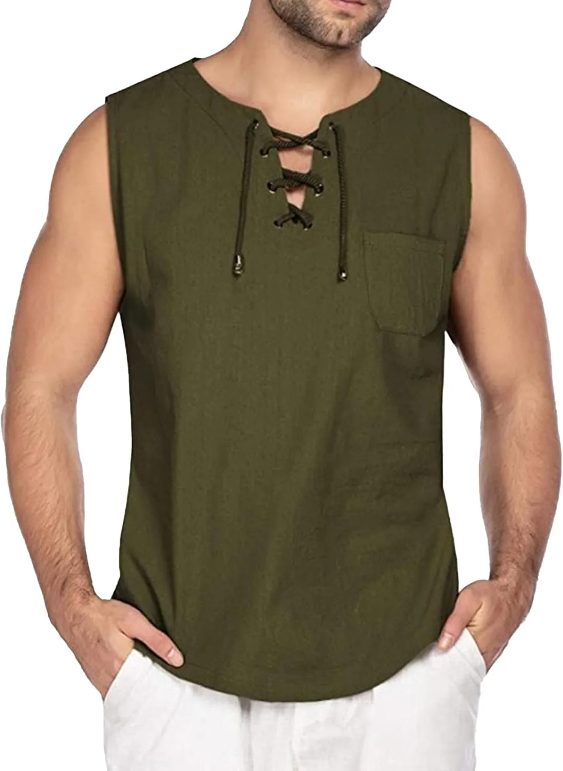 

Мужская хлопковая льняная майка с шнуровкой VgueElegc