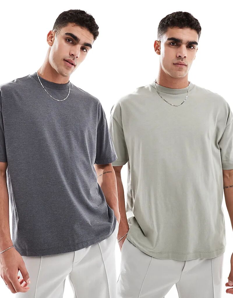 

Набор из 2 футболок свободного кроя ASOS DESIGN в цвете «меланжевый серый» и «хаки зеленый»