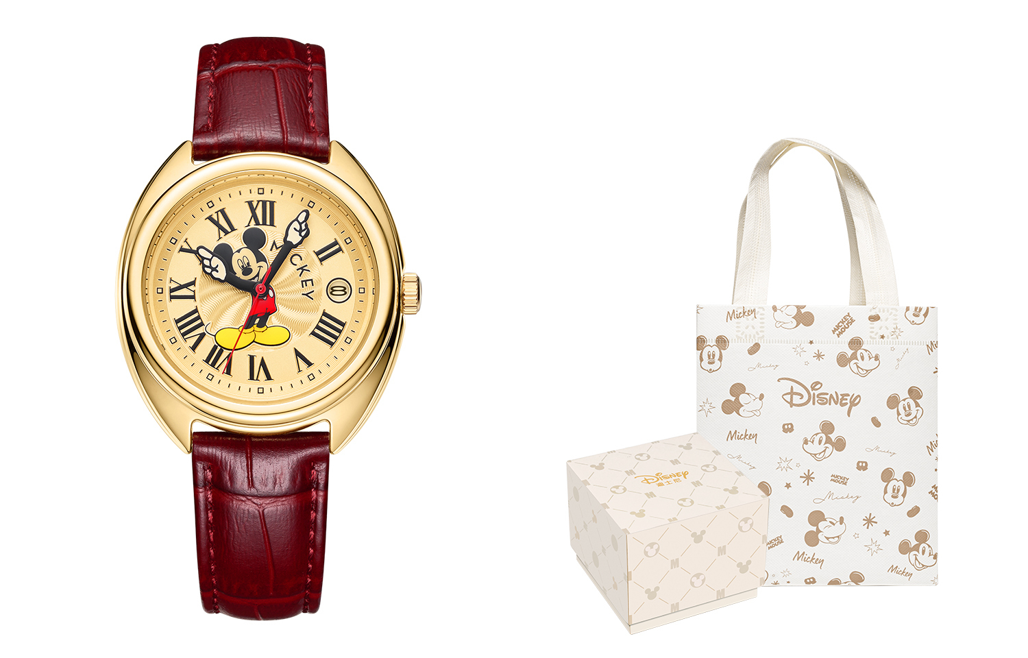 

Disney Часы Mickey Series Vintage Collection Quartz Movement Genuine Leather Strap Watch Unisex Gold Dial, MK-11464R