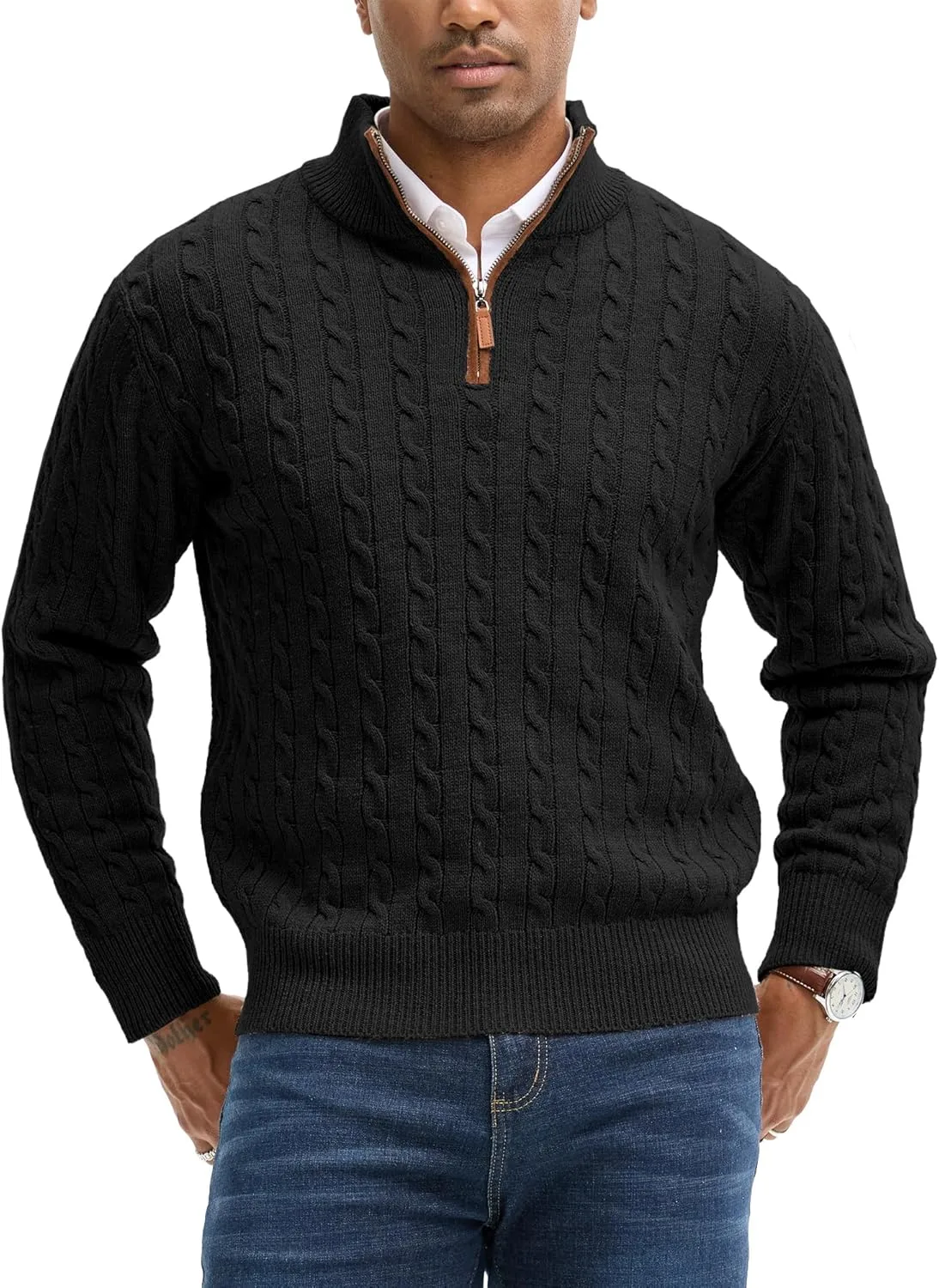 

Мужской свитер с воротником стойкой и молнией на четверть, кабельная вязка, Slim Fit JEMLDL