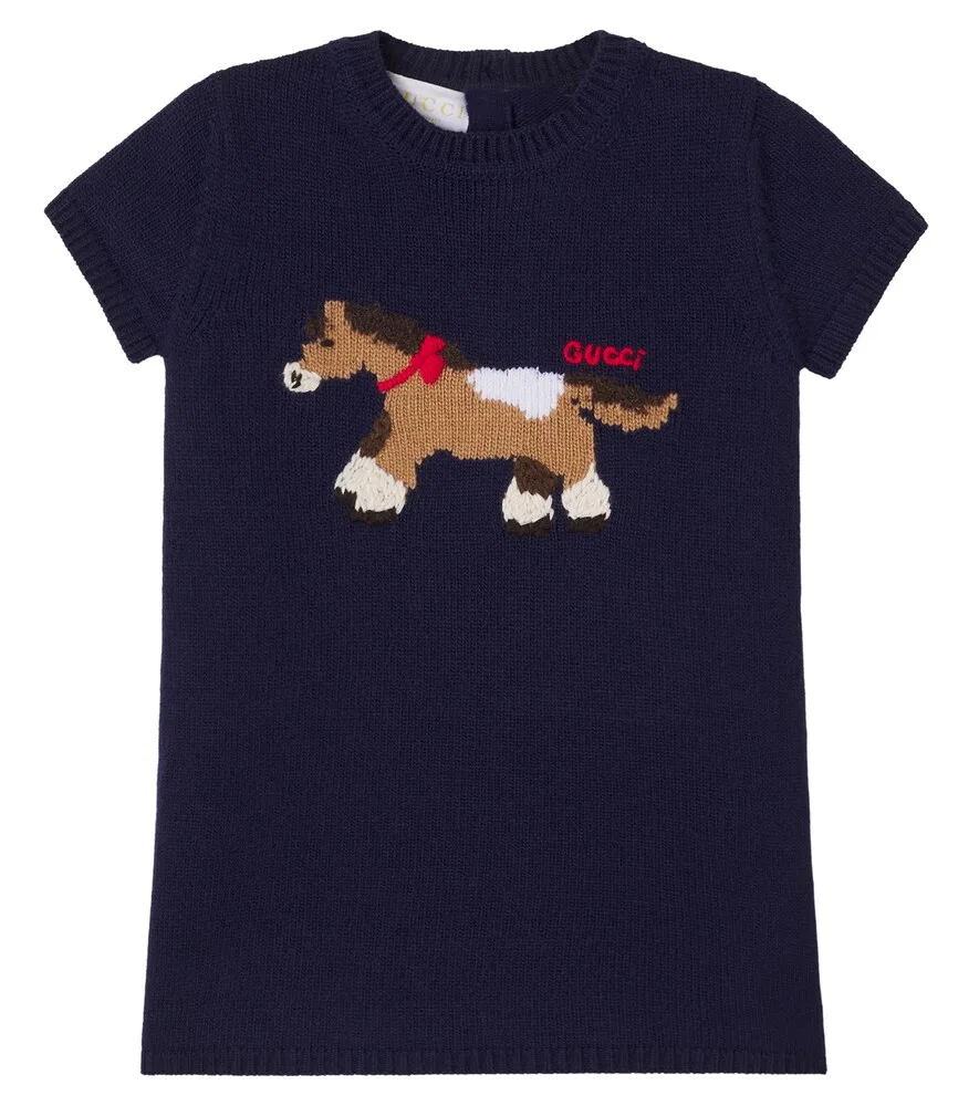 Детское вязаное шерстяное платье с вышивкой Gucci Kids, синий