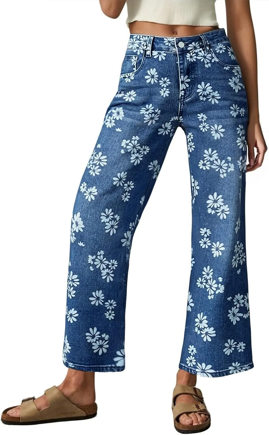 

Прямые джинсы с цветочным принтом для женщин High Waisted