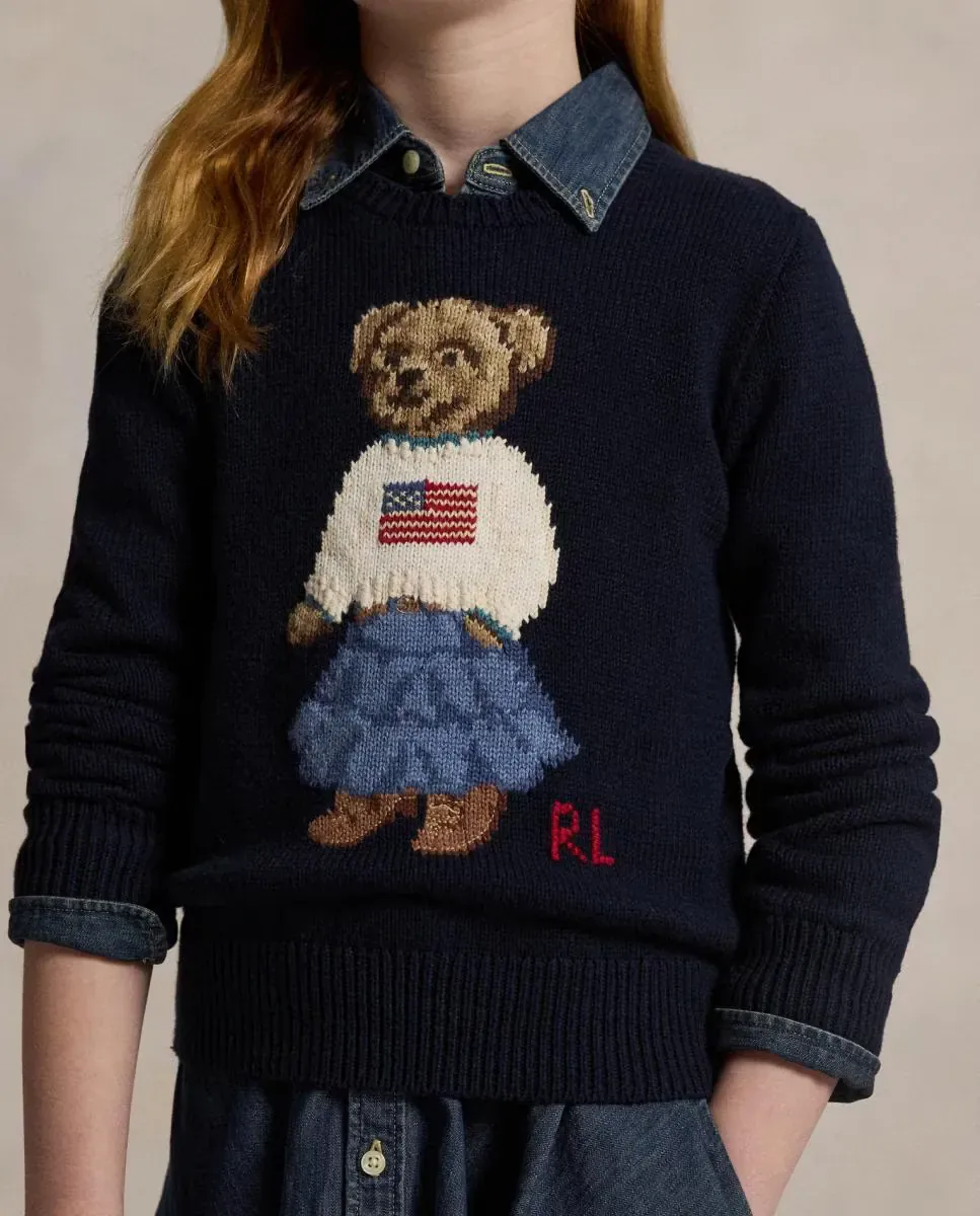 Детский джемпер с круглым вырезом и медвежонком Polo Polo Ralph Lauren, темно-синий — фото 3