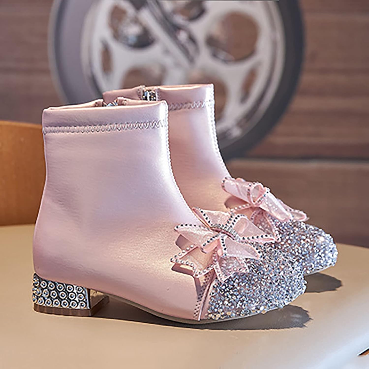 Kids Bowknot Sequin Sparkly Ankle Boots for Girls Low Heel Dress Booties 2024 Fashion Side Zipper Glitter Big Girl Shoe Generic, Pink — фото 4