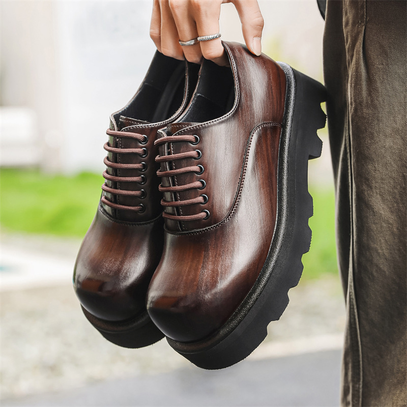 WEISHIBANGWEI Мужские повседневные кожаные туфли Casual Leather Shoes - коричневые, увеличивающие рост, цвет Brown Height Increasing — фото 3