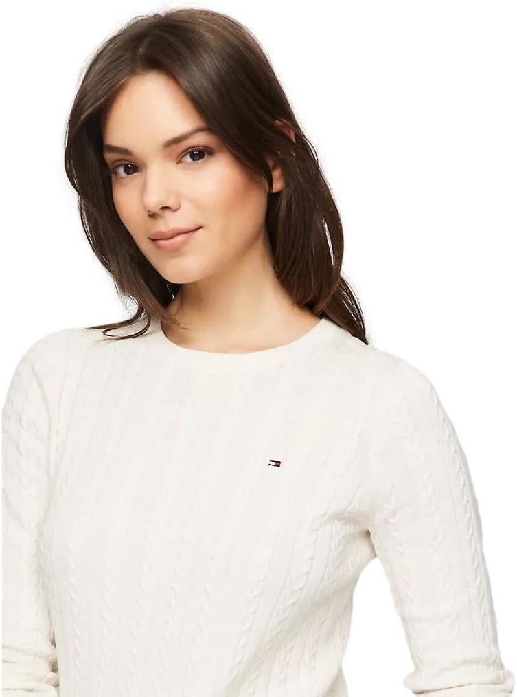Коллекция женских свитеров Tommy Hilfiger Cable Kint с круглым вырезом и логотипом-флагом 2025 года, Milky Way — фото 3