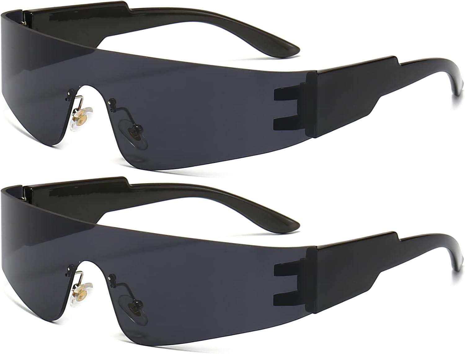 

AIEYEZO Современные модные безободковые футуристические солнцезащитные очки с обтекаемой формой для женщин и мужчин в стиле киберпанк. Модные солнцезащитные очки будущего, 2 Pack (Black/Grey + Black/Grey)