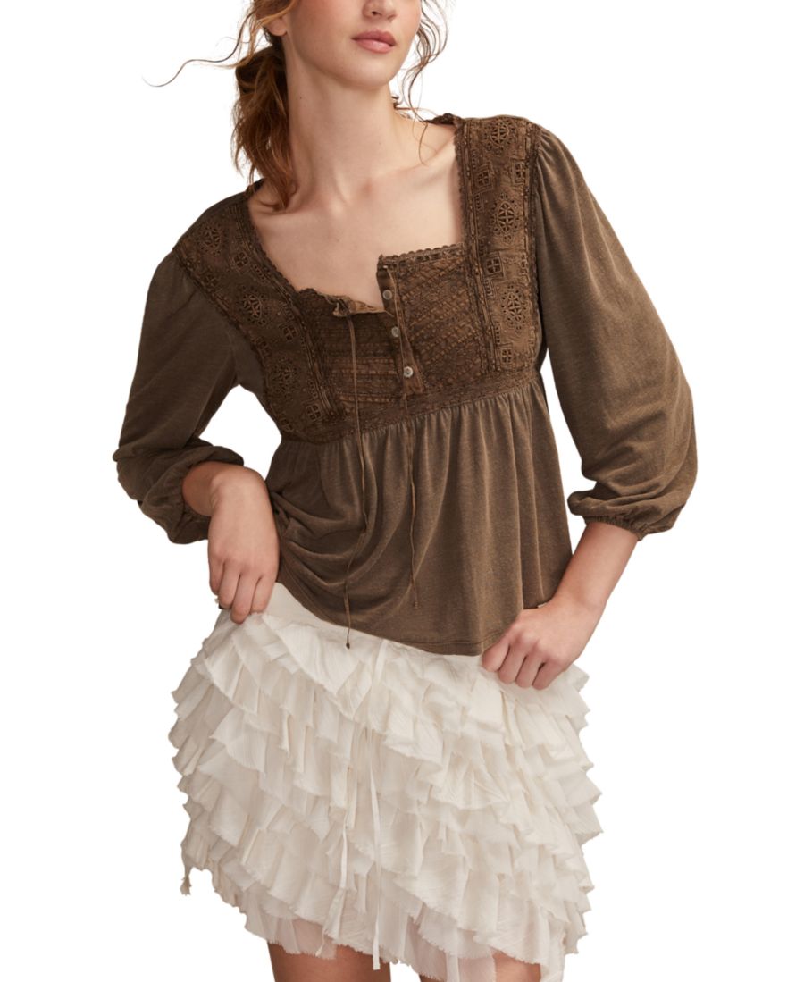 

Женская блузка с вышитой кокеткой и квадратным вырезом Lucky Brand, Brown