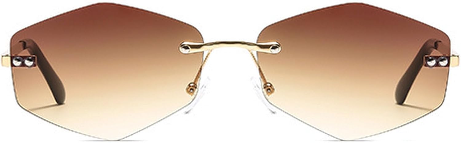 

Модные солнцезащитные очки без оправы в форме шестиугольника для женщин и мужчин, с градиентными коричневыми линзами и многоугольной металлической оправой, очки для вождения mincl, Brown