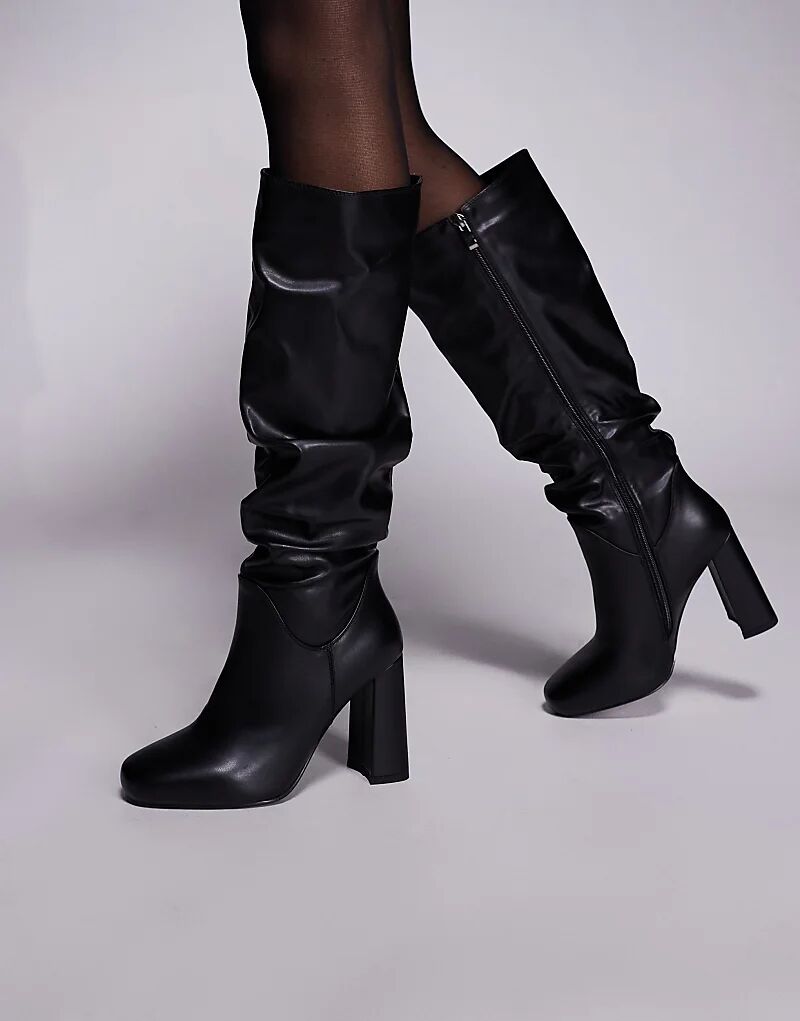 Сапоги Simmi London Hanzel Wide Fit на блочном каблуке с рюшами, черного цвета