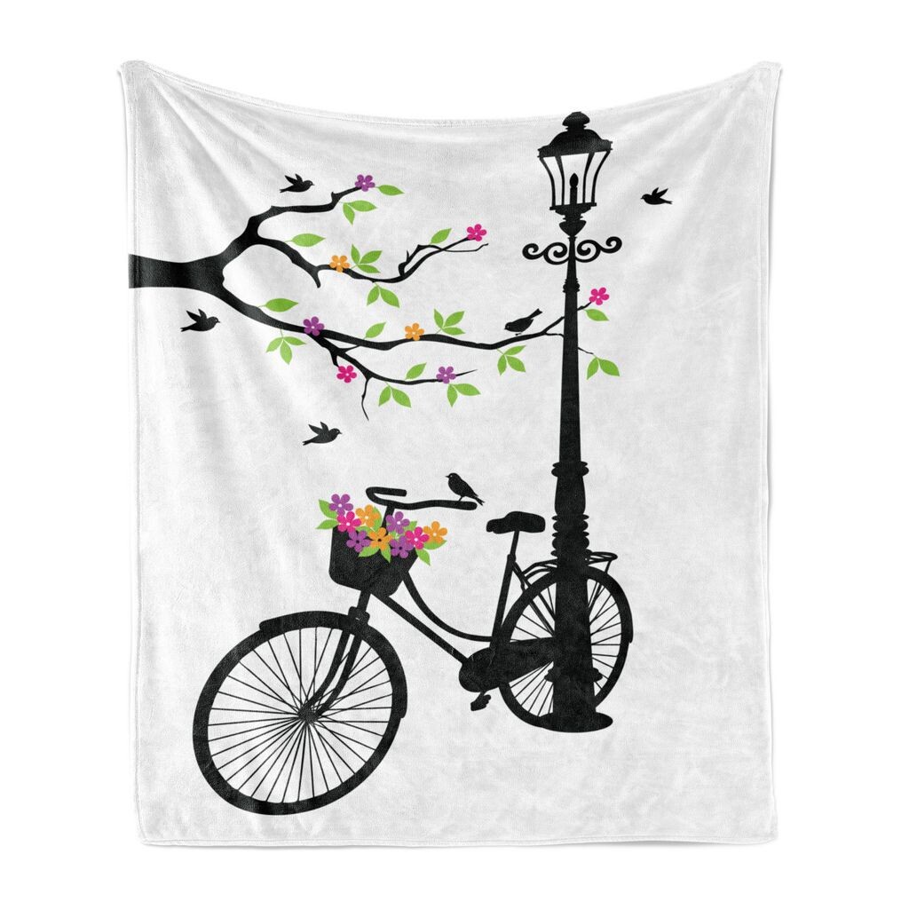 

ABAKUHAUS Натуральное мягкое фланелевое флисовое одеяло, Spring Tree Bird Bike, уютный плюш для использования в помещении и на улице, 125 x 175 см, разноцветное