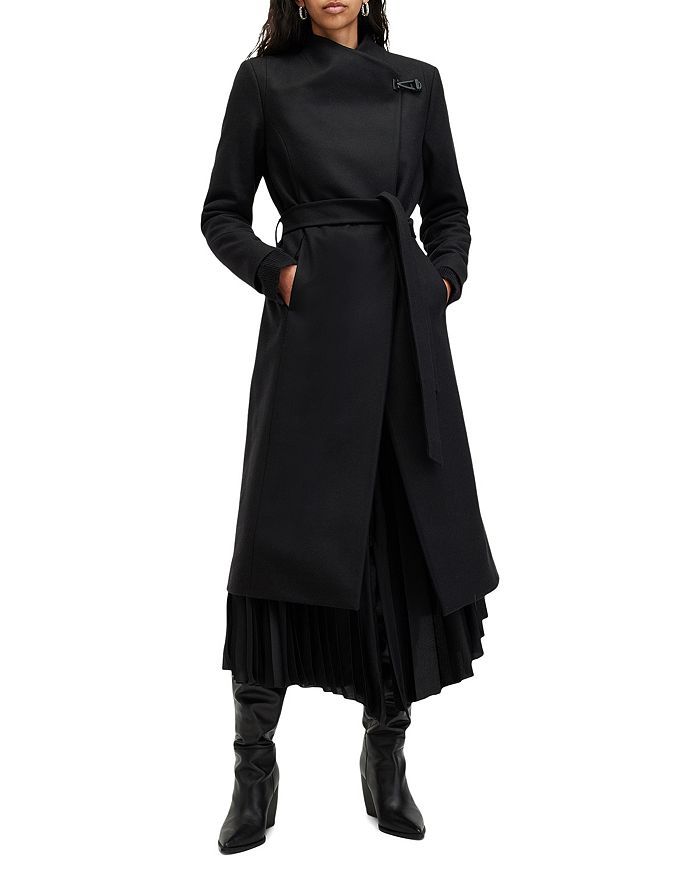 

Длинное шерстяное пальто Riley с запахом и поясом ALLSAINTS, черный