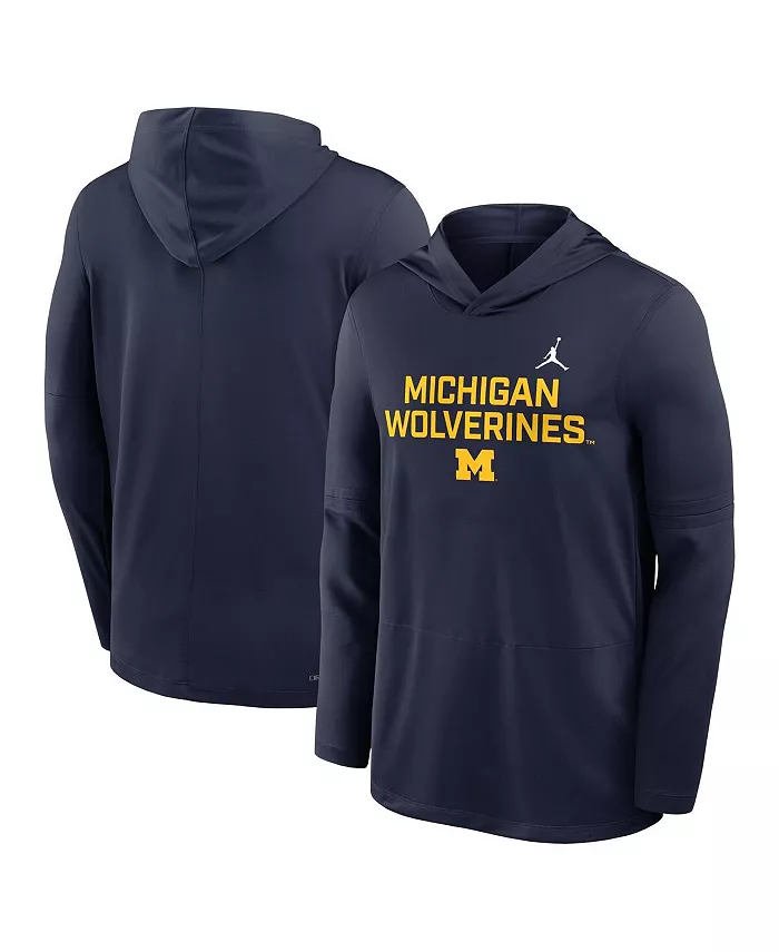 Мужская синяя толстовка Michigan Wolverines 2025 с длинными рукавами для боковой линии Jordan — фото 4
