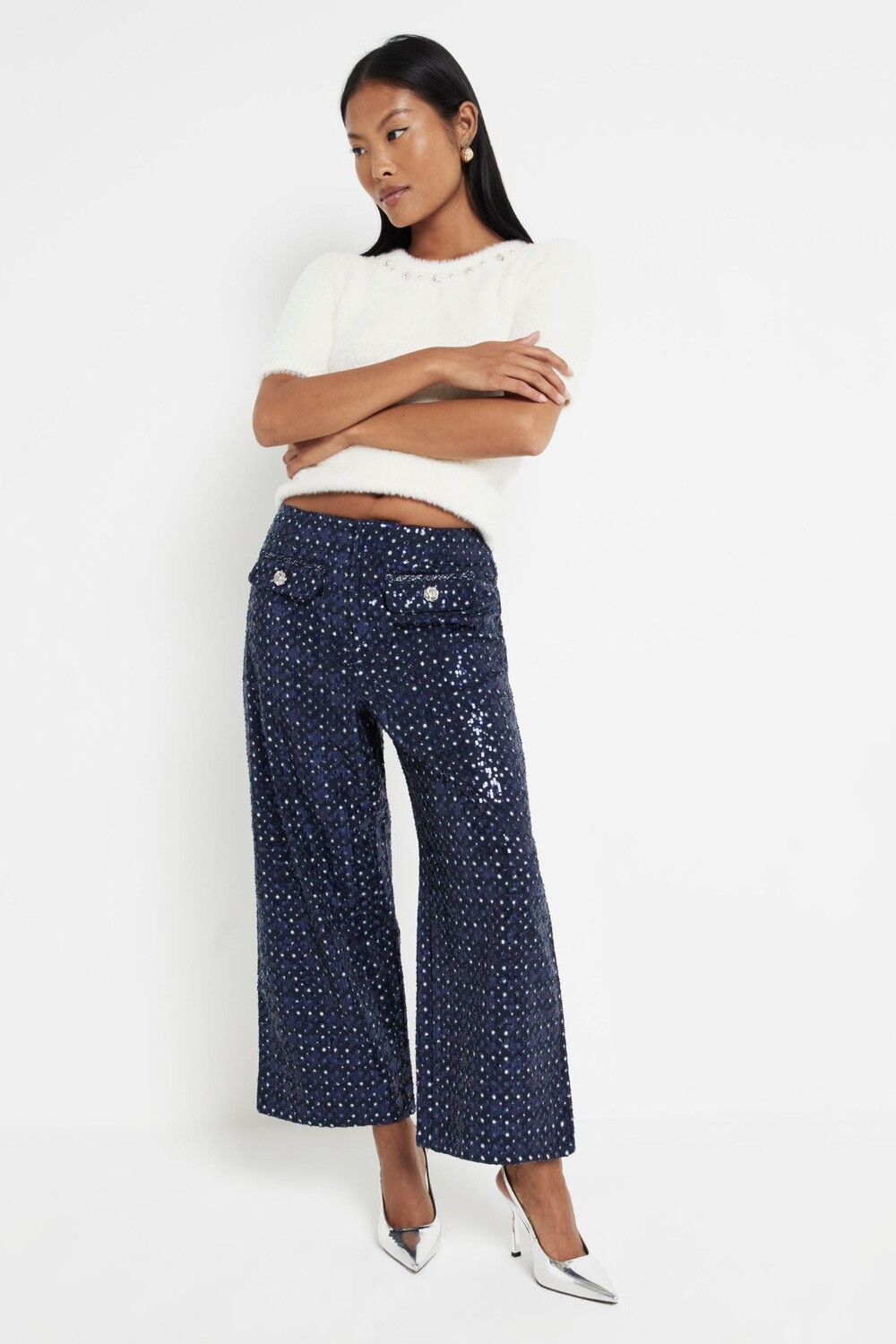 

Укороченные джинсы Petite с широкими штанинами и пайетками River Island, синий