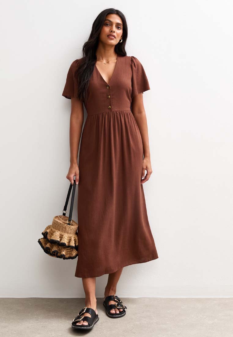 

Платье New Look FLUTTER SLEEVE BUTTON UP MIDI, Dark Brown