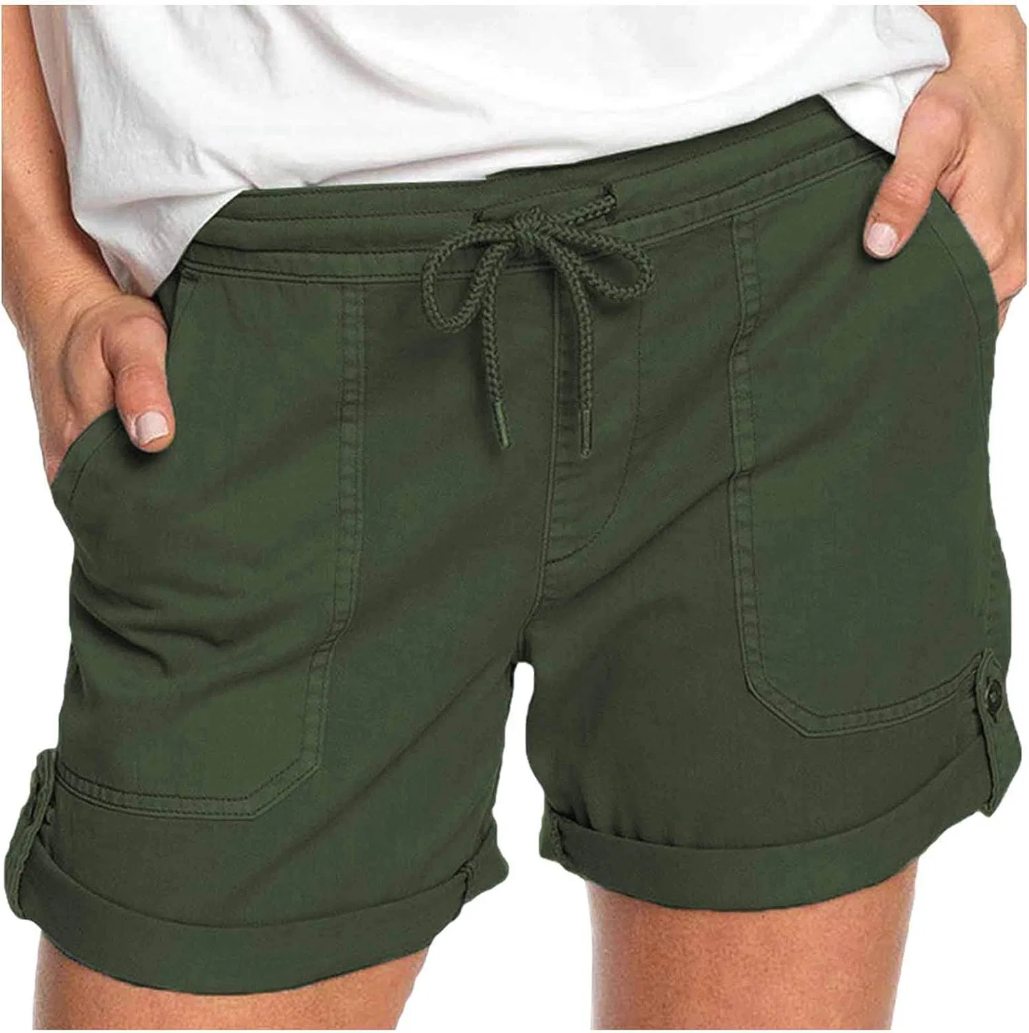 Шорты женские с высокой талией, на завязке, Cotton, Army Green