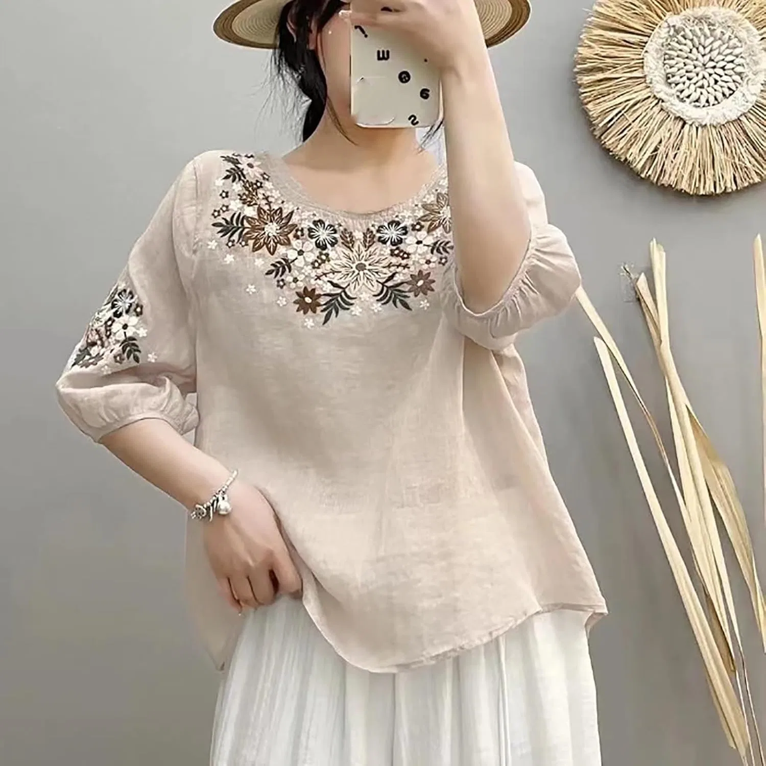 Футболка из хлопка и льна, свободная, Casual, бежевый — фото 3