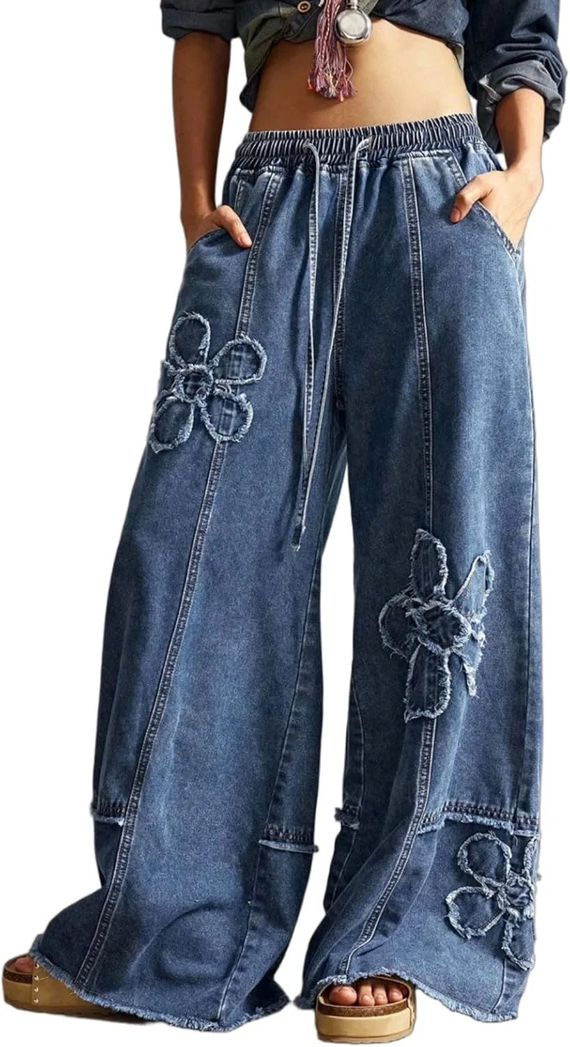 

CHARTOU мешковатые джинсы с широкими штанинами, женские, на шнурке, эластичные, с высокой посадкой, потертые, цветочный деним