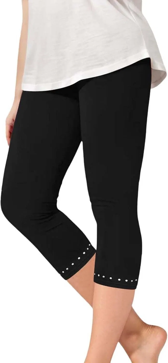Леггинсы 3/4 с кружевной отделкой, высокая талия, Black