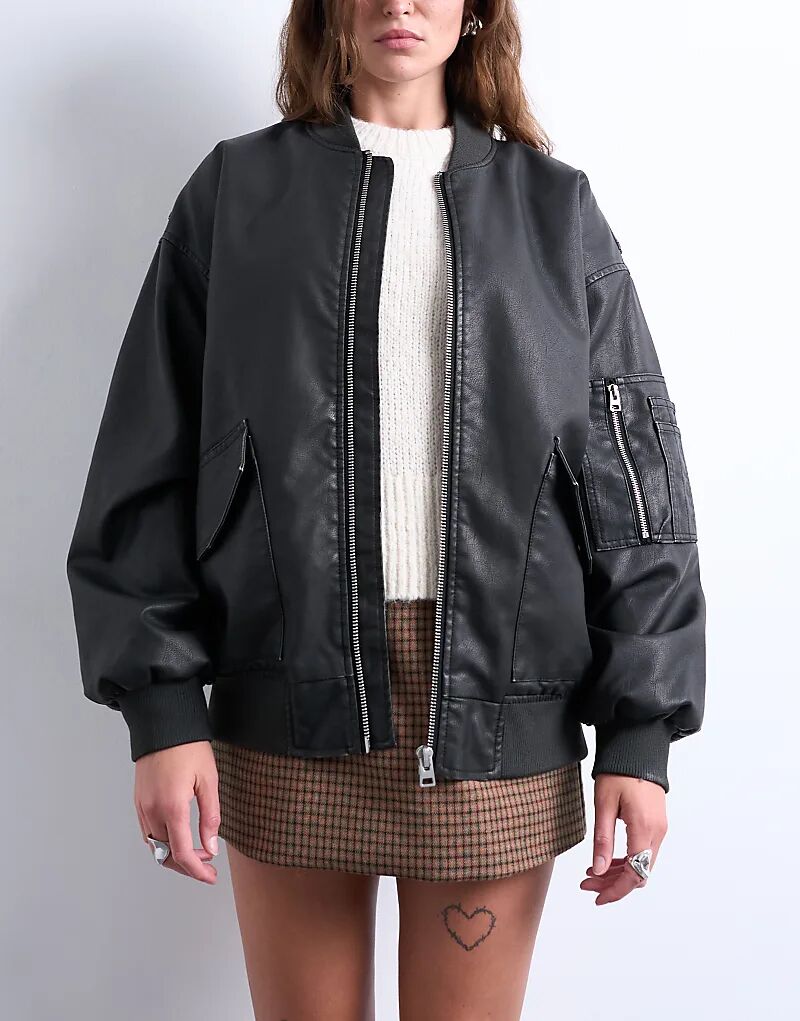

Куртка-бомбер MA1 из искусственной кожи Topshop, цвет: черный.