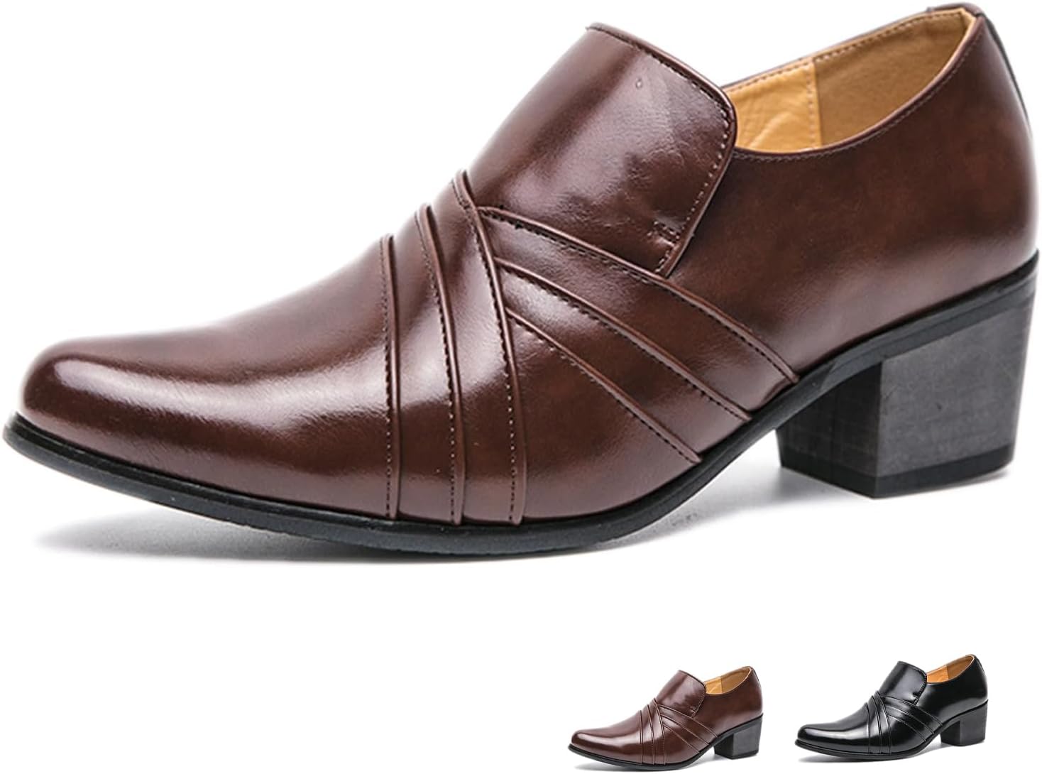 

Мужские кожаные оксфорды с острым носком и широким каблуком, классический стиль, низкий верх, высокие каблуки, слипоны Челси Generic, Brown-a