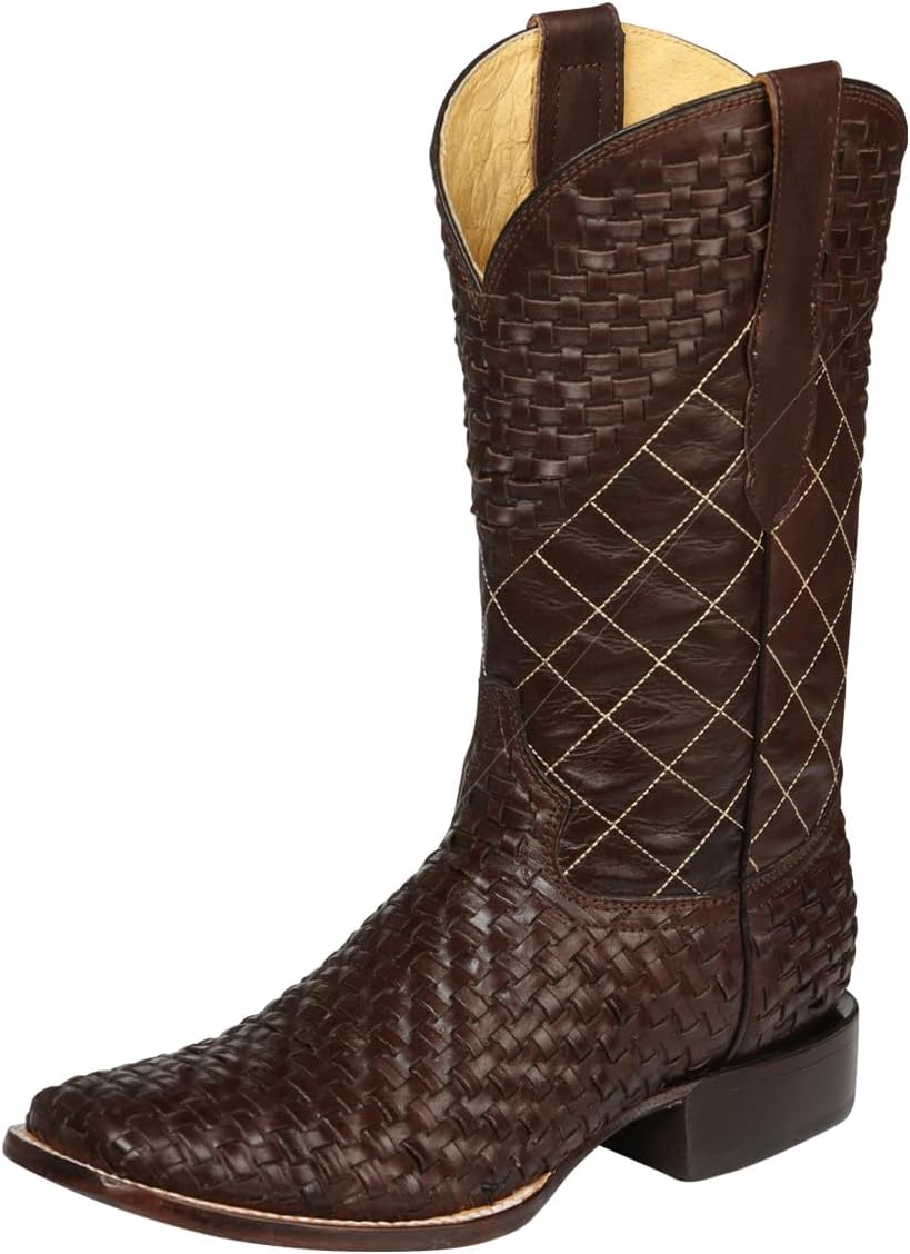 

Мужские западные ковбойские сапоги для родео, с плетеным кожаным дизайном, квадратный носок, изготовлены в Мексике из кожи Петатильо Generic, коричневый