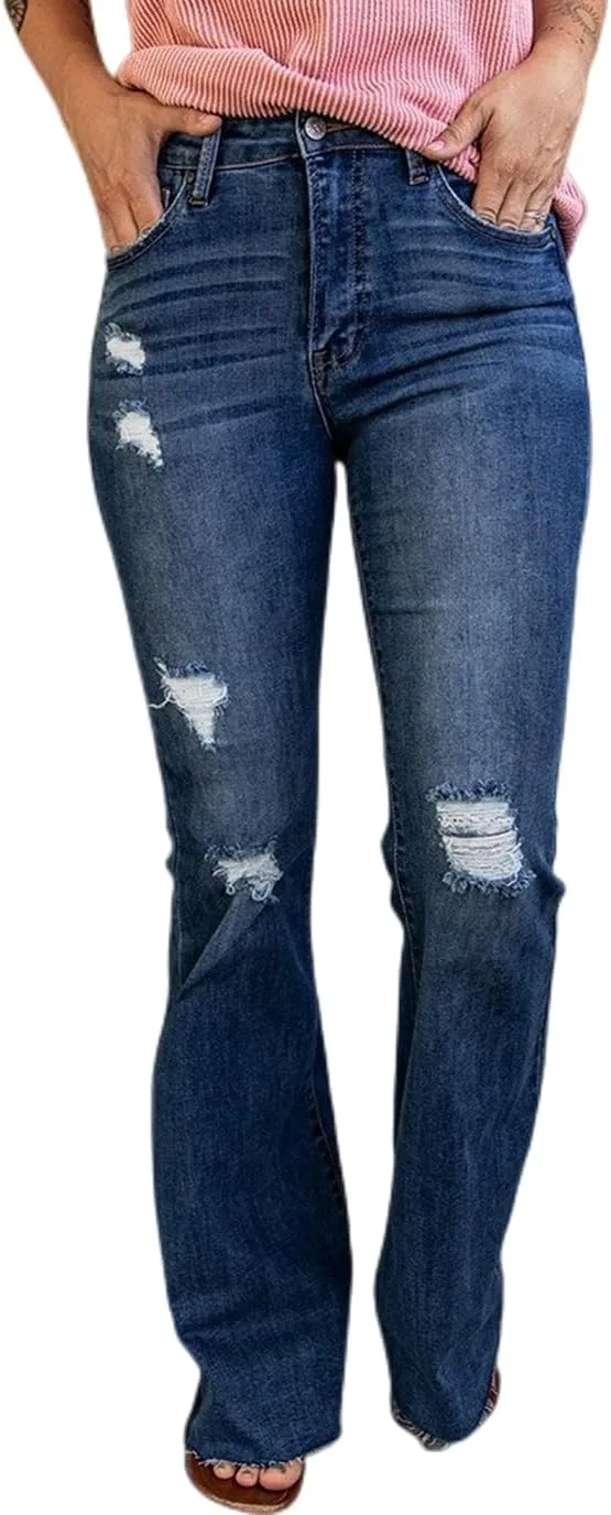 

Женские джинсы с высокой талией и потертостями KAJXZ