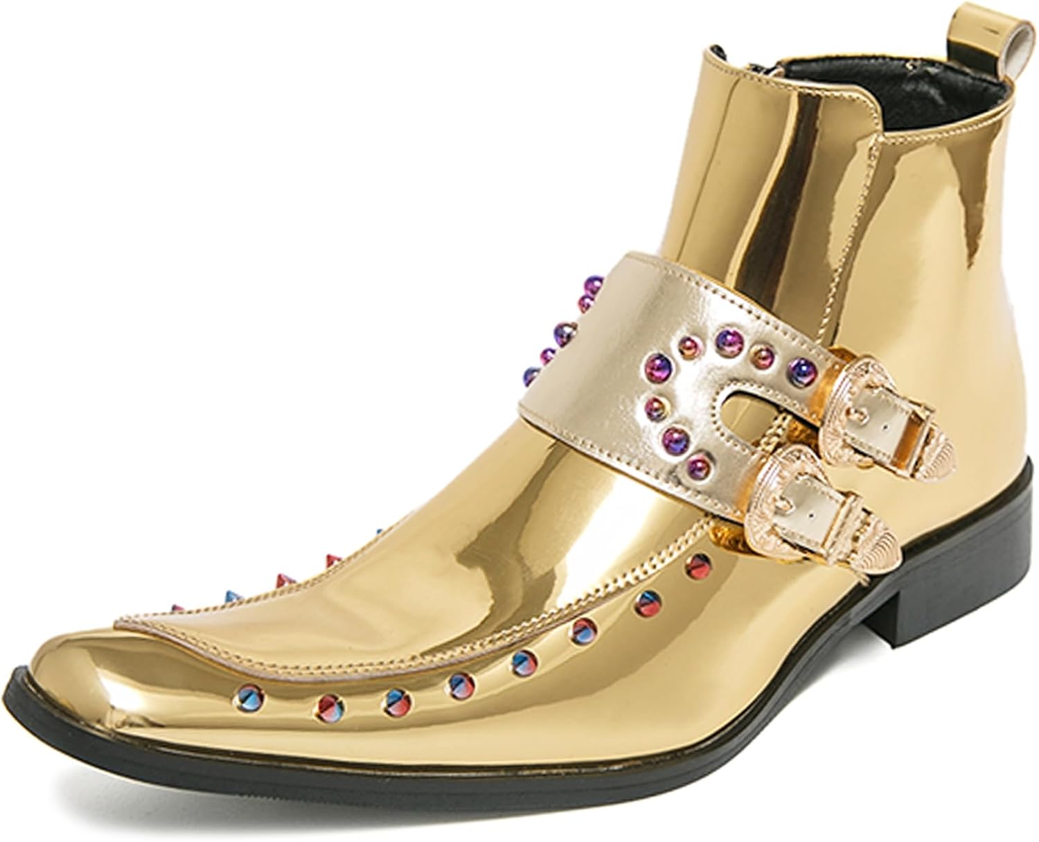 

Мужские ботинки Lossarye Chelsea с двойным ремешком, заклепками, квадратным носком, боковой молнией, высокие кожаные ботинки для моды, деловых вечеринок, бальных танцев, свадеб, западного стиля и ковбойские ботинки до щиколотки, золотой