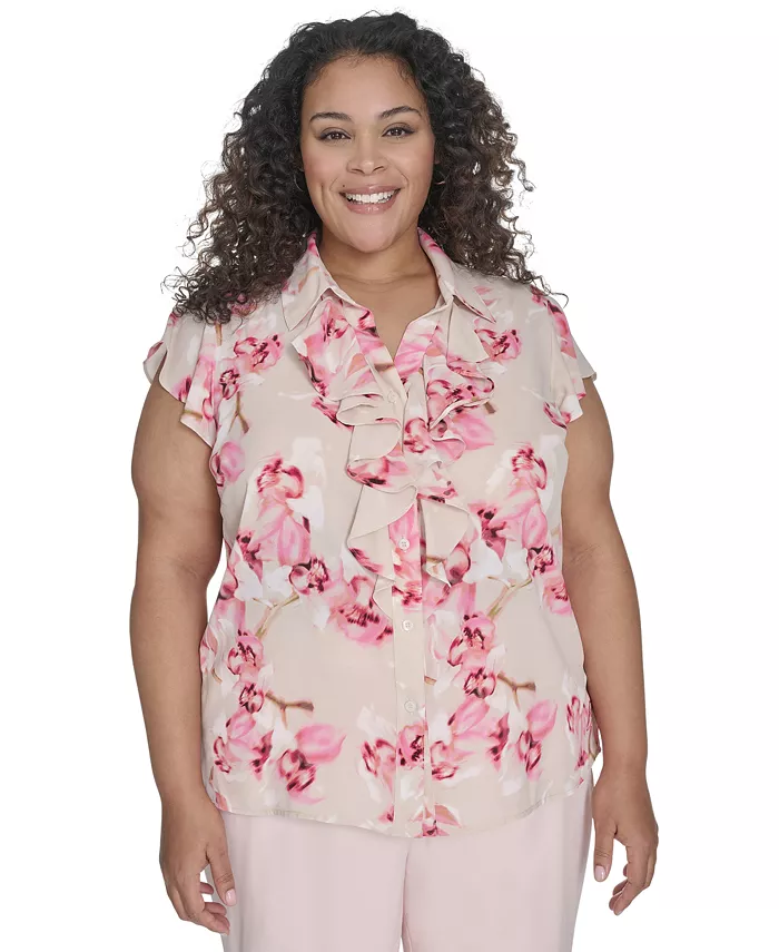 

Блузка с цветочным принтом и рюшами на груди, plus size Calvin Klein, коричневый/бежевый