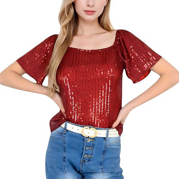 

Женский топ с коротким рукавом и квадратным вырезом для особых случаев Anna-Kaci, Burgundy