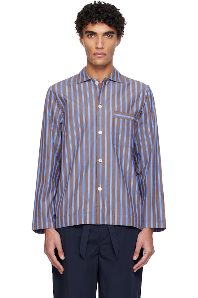 

Tekla Пижамная рубашка с длинными рукавами из поплина коричневого и синего цвета