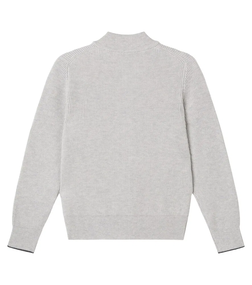 Хлопковый кардиган в рубчик на молнии Brunello Cucinelli Kids, серый — фото 4