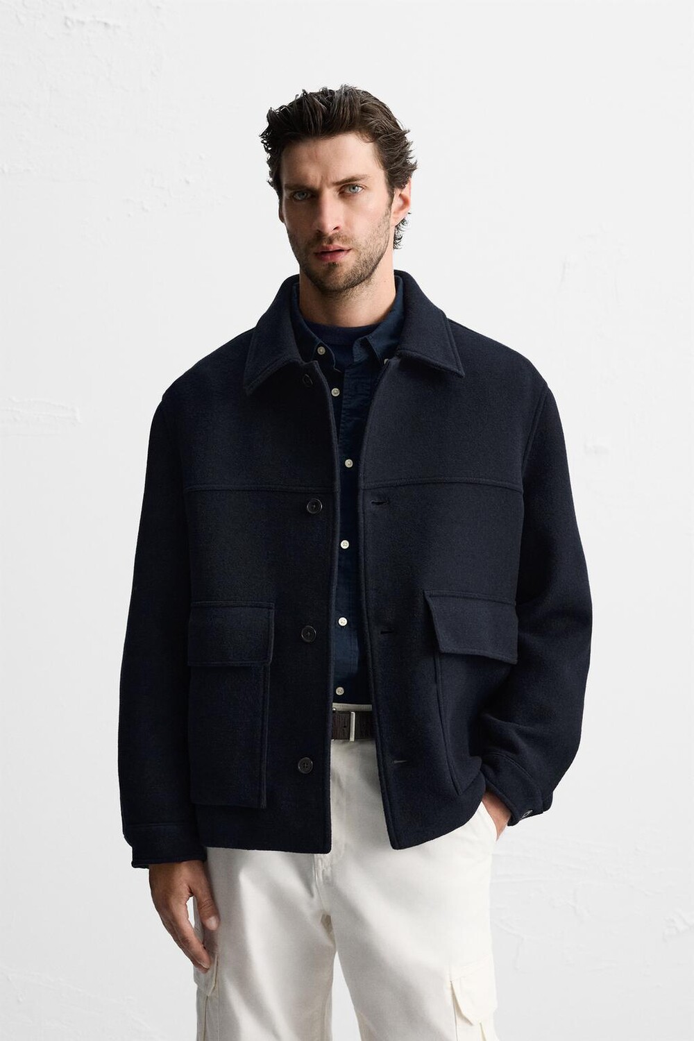 

Короткое пальто из шерсти ZARA, темно-синий