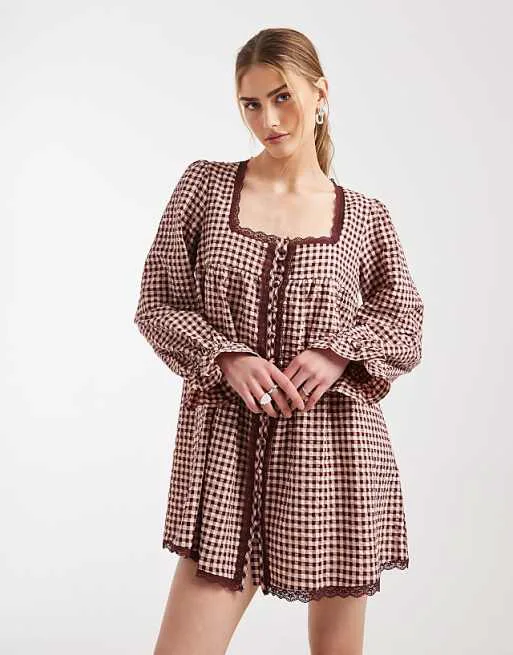 

Розовое платье мини в клетку с кружевной отделкой ASOS DESIGN
