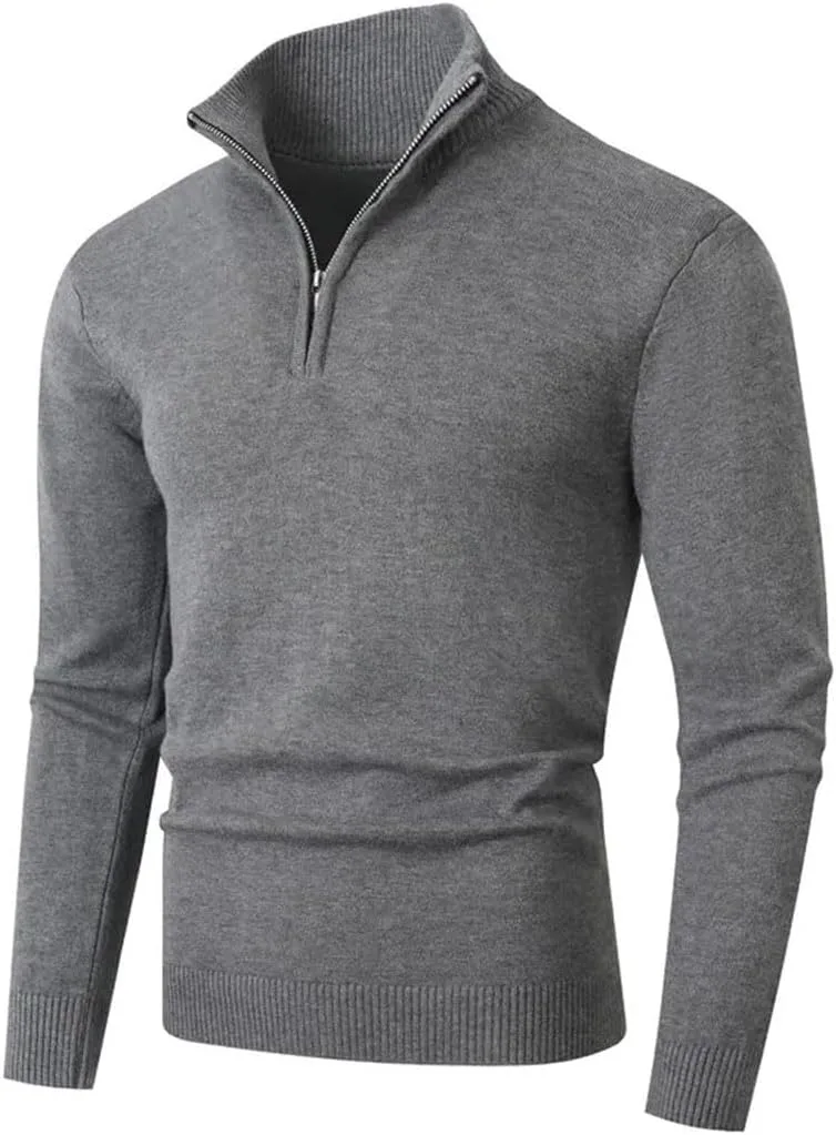 Мужской зимний вязаный пуловер Slim Fit с полузастежкой-молнией и стойкой — фото 4
