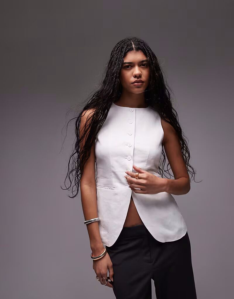 

Льняной удлиненный приталенный жилет Topshop с карманами белого цвета