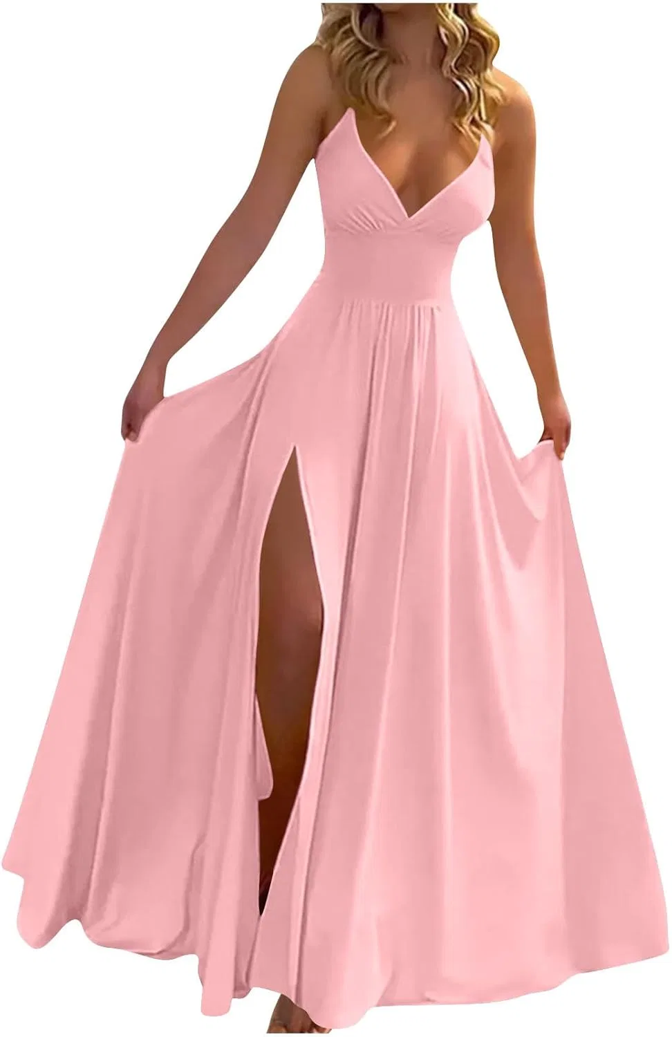 Платье Formal Elegant для Juniors без рукавов с V-образным вырезом и длинным разрезом на макси Generic, розовый