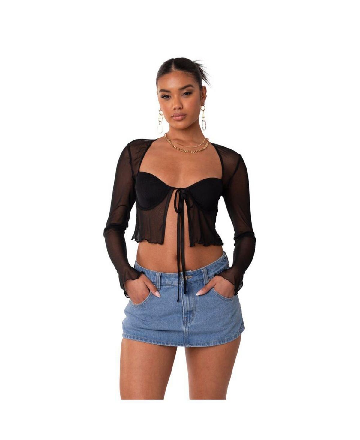 

Женский сетчатый топ с длинными рукавами, чашками и завязкой спереди Edikted, черный