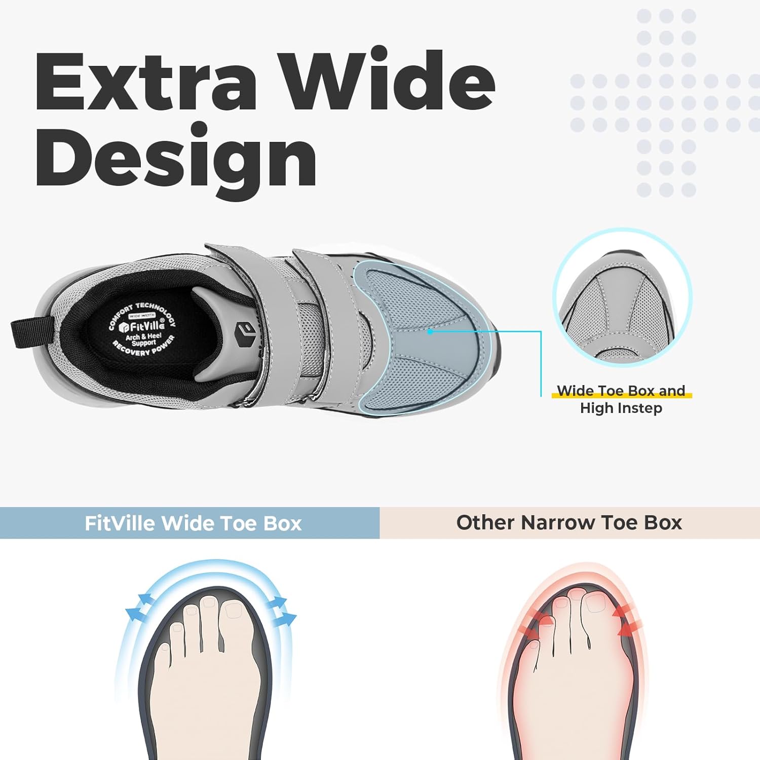 Кроссовки FitVille Extra Wide для мужчин с широкой колодкой, ортопедические кроссовки на липучках для отекших ног, невропатии - Rebound Core V8, серый — фото 2