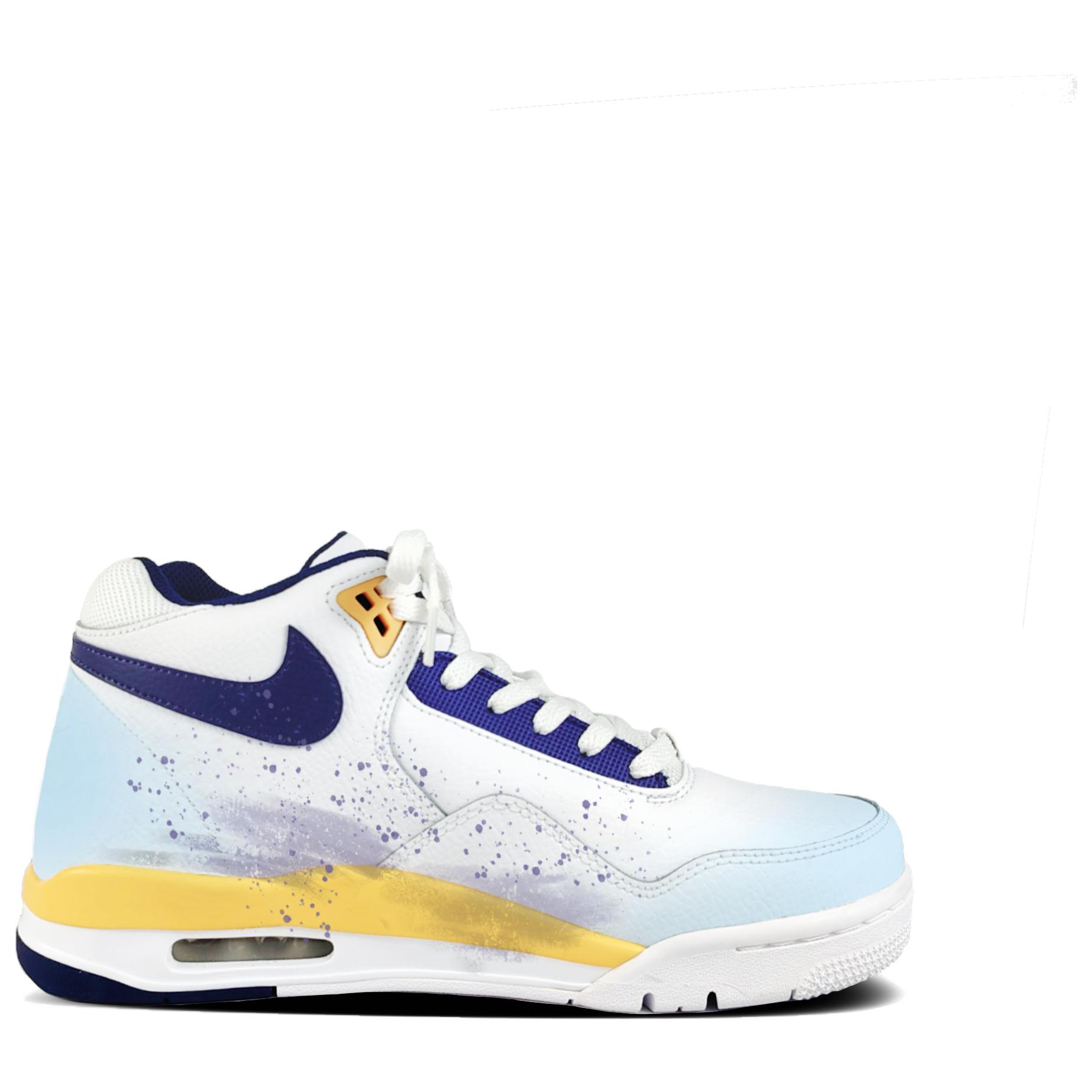 Nike Легкие баскетбольные кроссовки Flight Legacy Ink Dyed Breeze с устойчивым к истиранию покрытием, мид-топ, винтажные, мужские, белый синий желтый — фото 3