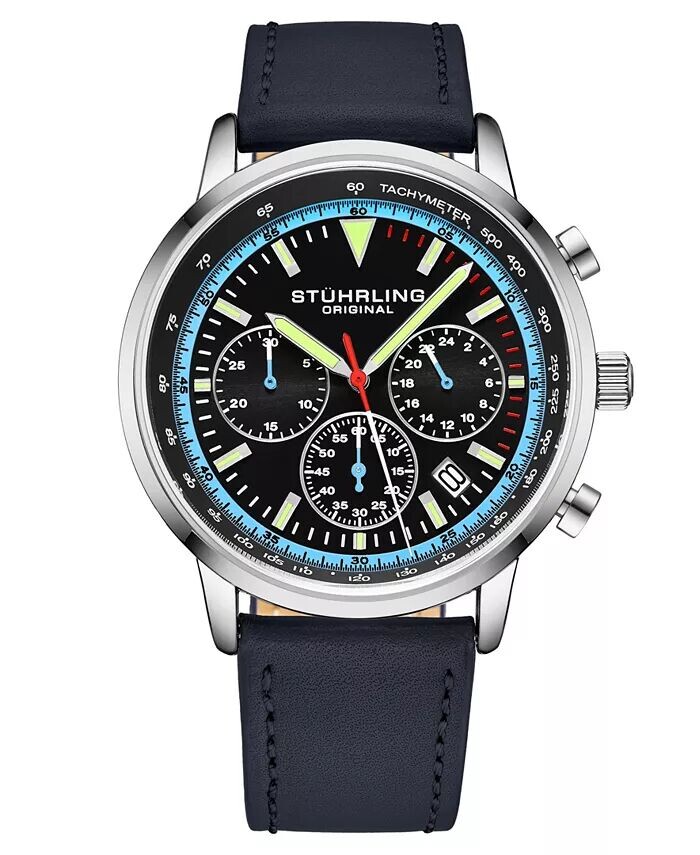 

Мужские часы Chrono Blue из натуральной кожи с ремешком 44 мм Stuhrling