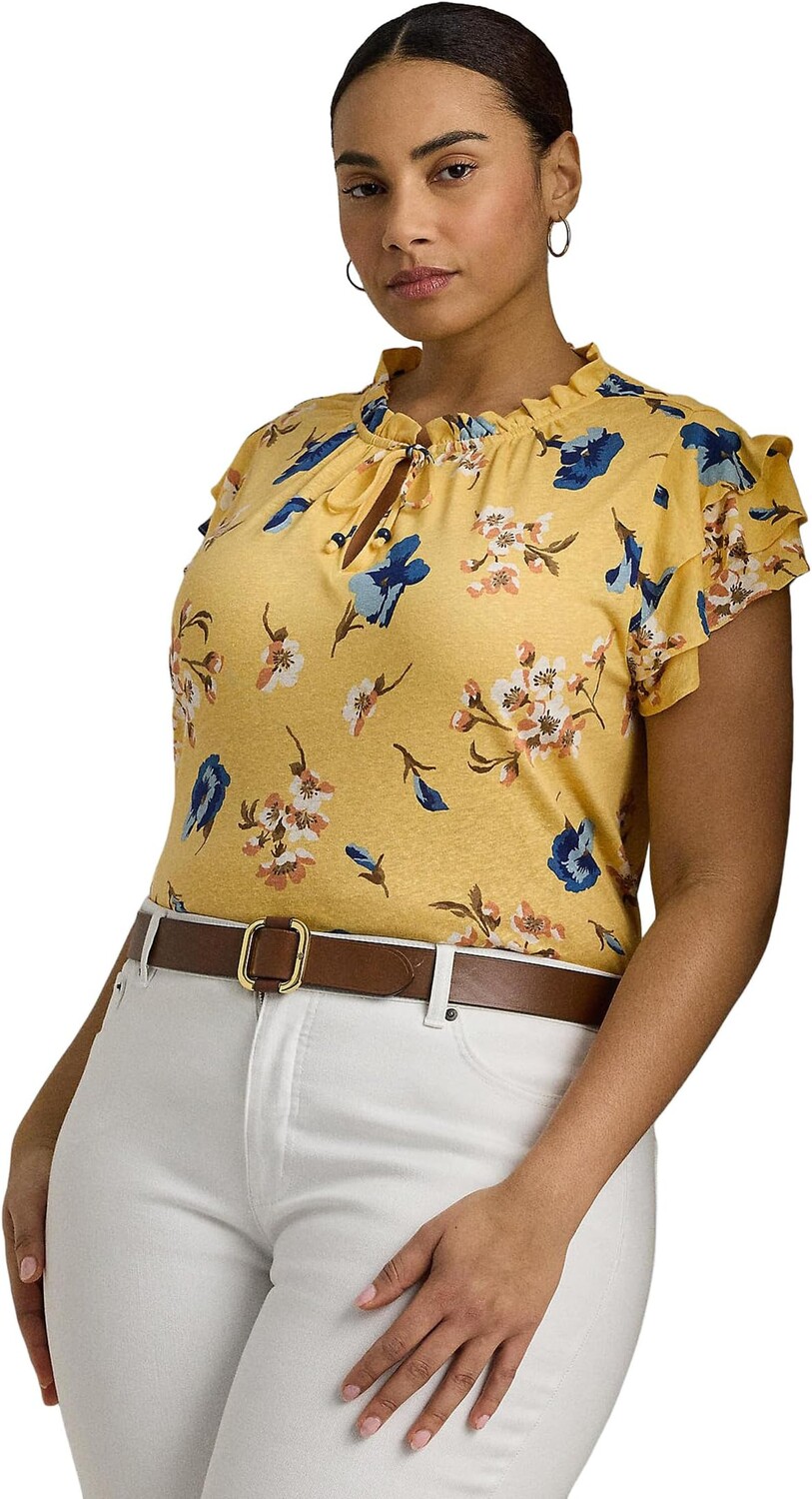 

Топ Lauren Ralph Lauren Plus-Size Floral Linen-Blend Jersey Tie-Neck Top, цвет Yellow Multi