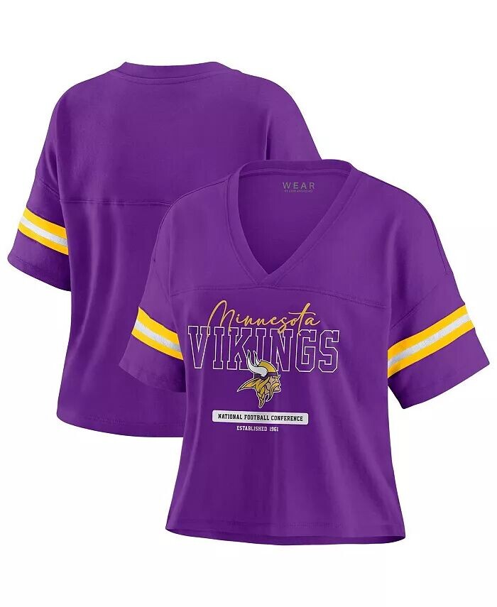 

Женская фиолетовая футболка Minnesota Vikings Color Block с V-образным вырезом и свободным кроем WEAR by Erin Andrews