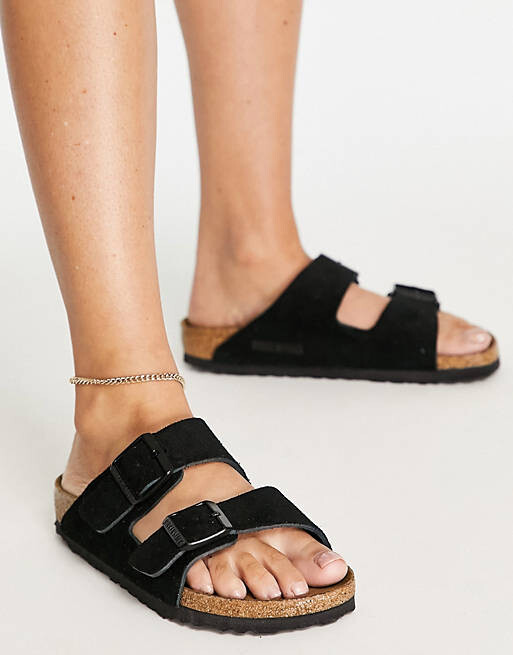 Черные замшевые сандалии на плоской подошве Birkenstock Arizona