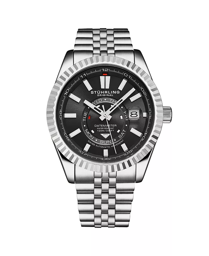 

Мужские швейцарские автоматические часы Datemaster II из нержавеющей стали, корпус 42 мм, черный циферблат, рифленый безель, индикатор дня недели и даты, водонепроницаемость 100 м Stuhrling