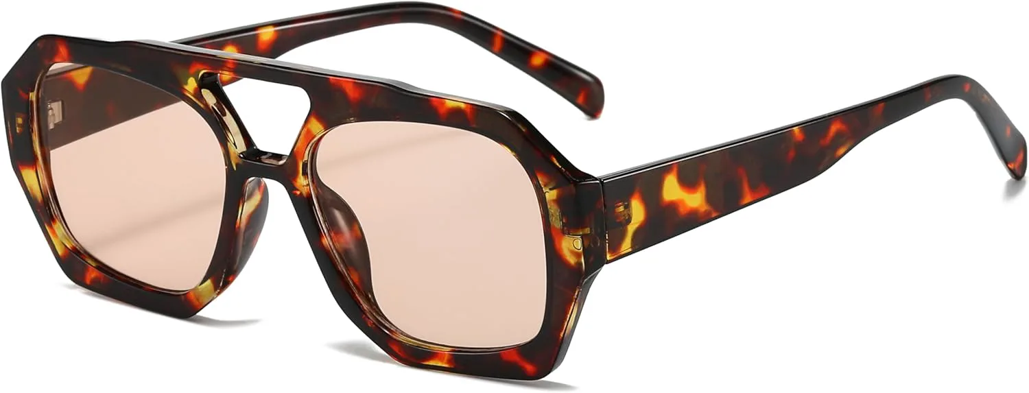 

Солнцезащитные очки Mirkcittle Trendy Square Aviator для женщин и мужчин, шестиугольная толстая оправа, двойная перемычка, дизайнерский дизайн, Tortoise/Brown Lens