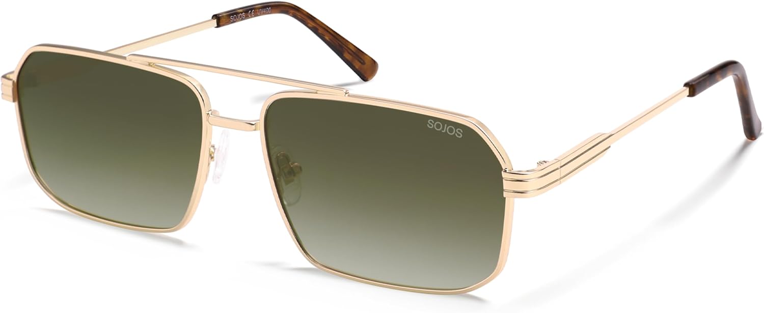 

Солнцезащитные очки SOJOS Retro Polarized Square для женщин и мужчин, винтажные, с большой двойной перемычкой, защитой от УФ-излучения, металлическими линзами, модель SJ1246, Gold/Greyish-green Grading